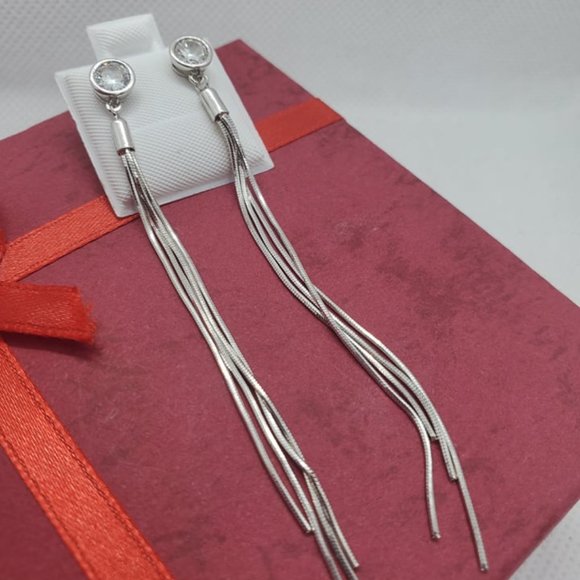 Sterling Silver 925 Rhodium Plated Round CZ Center Snake SQ Dangling Earrings - Picture 6 of 8